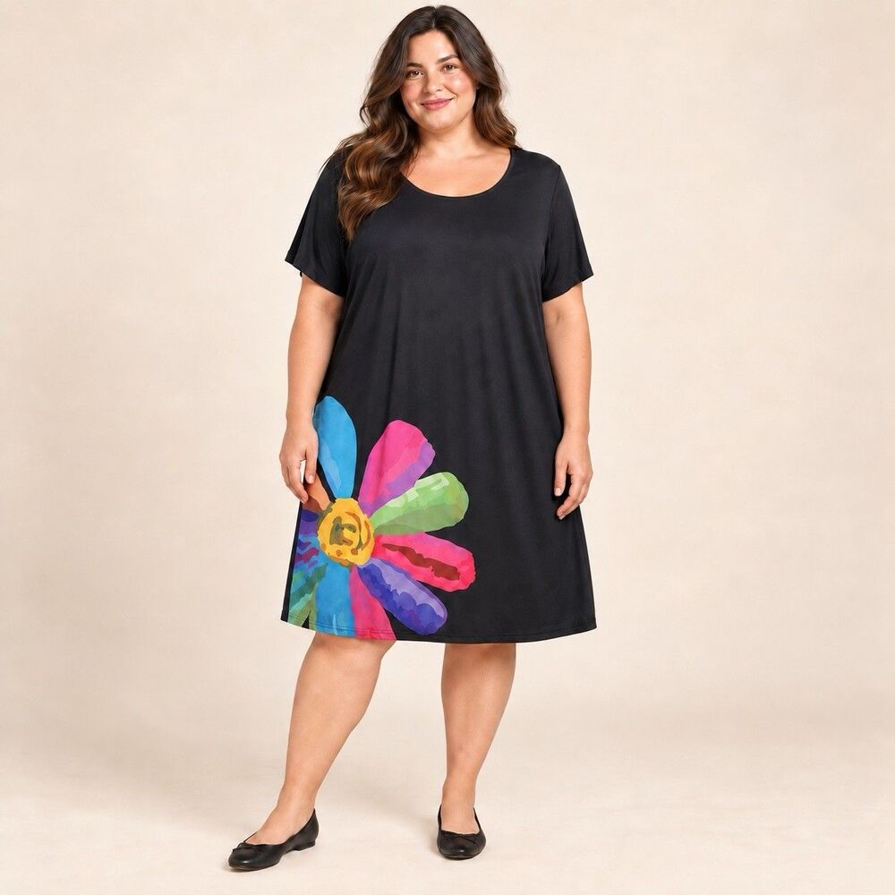 LISHLY CURVE Women’s 3XL Black Floral Scoop Neck Short Sleeve Knee Stretch Knit